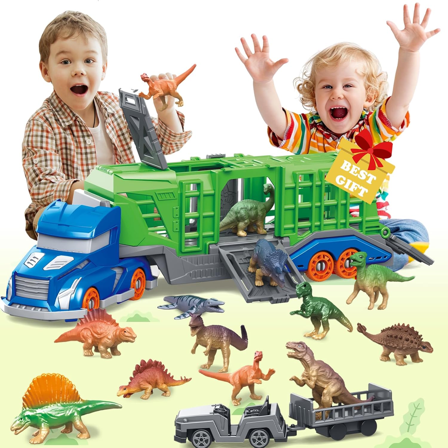 Sandbox Play Set - ชุดของเล่นรถขนส่งสัตว์ไดโนเสาร์ประกอบด้วยรถขนส่ง 1 คัน, ไดโนเสาร์หรือสัตว์ 12 ตัว,