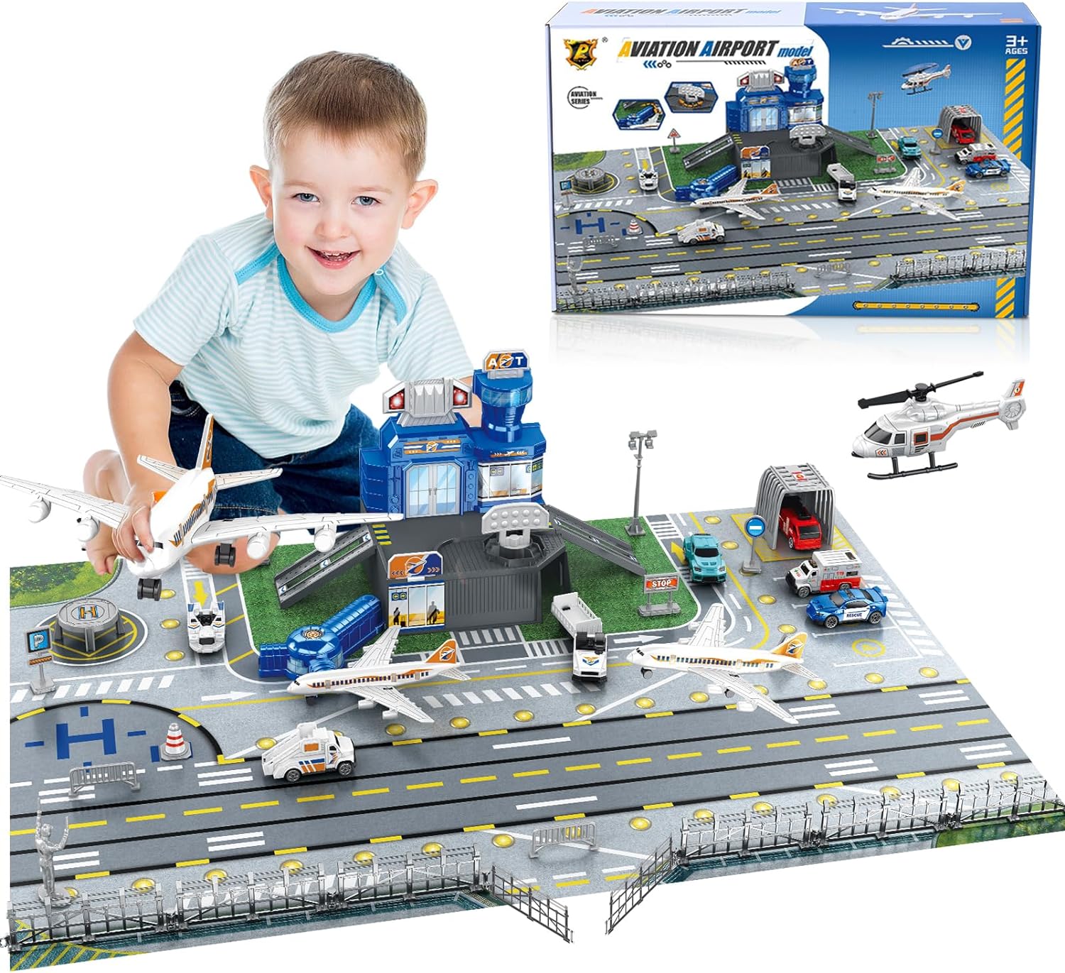 Sandbox Play Set - ชุดของเล่นฉากสนามบินสำหรับเด็กพร้อมรถยนต์ เฮลิคอปเตอร์ เครื่องบิน หอคอย และแผ่นรองเล่นสนามบิน โมเดลเครื่องบินขนส่ง