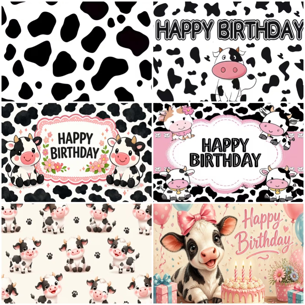 Banner Kids Toys - ฉากหลังตกแต่งงานวันเกิดลายวัวขาวดำ ดอกไม้ทุ่งหญ้าธรรมชาติ ของเล่นเด็ก แบนเนอร์แขวนผนังสำหรับถ่ายภาพ