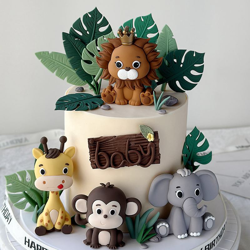 Kids Toys Elephant - Jungle Safari สัตว์ตุ๊กตาตกแต่งเค้กสิงโตช้างเงินยีราฟเค้กวันเกิด Topper Baby Shower