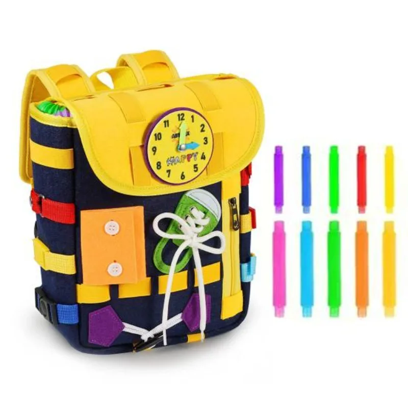 Kids Zipper Toys - Montessori Felt กระเป๋าเป้สะพายหลังสําหรับเด็กวัยหัดเดินที่มีหัวเข็มขัดซิป Busy Board Sensory